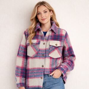 Panache Apparel Shacket Women's Medium White Purple Plaid Wool Coat Jacket Top